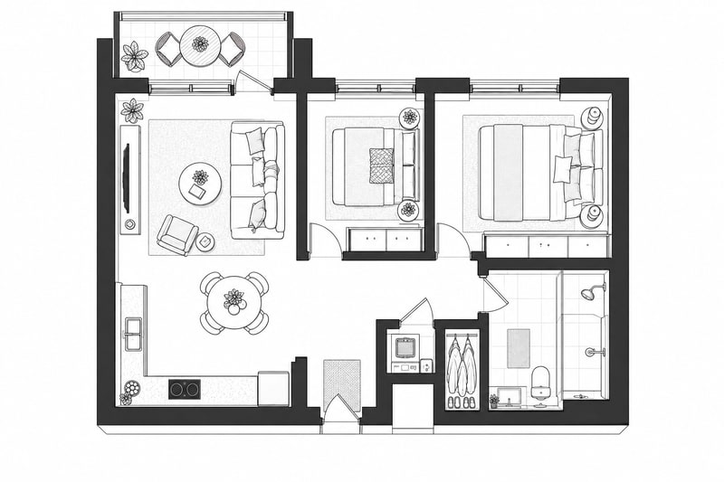 Căn Hộ Đương Đại — 2D Đen Trắng — Bản Dựng