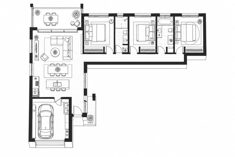 Nhà Hiện Đại Không Gian Mở — 2D Đen Trắng — Bản Dựng