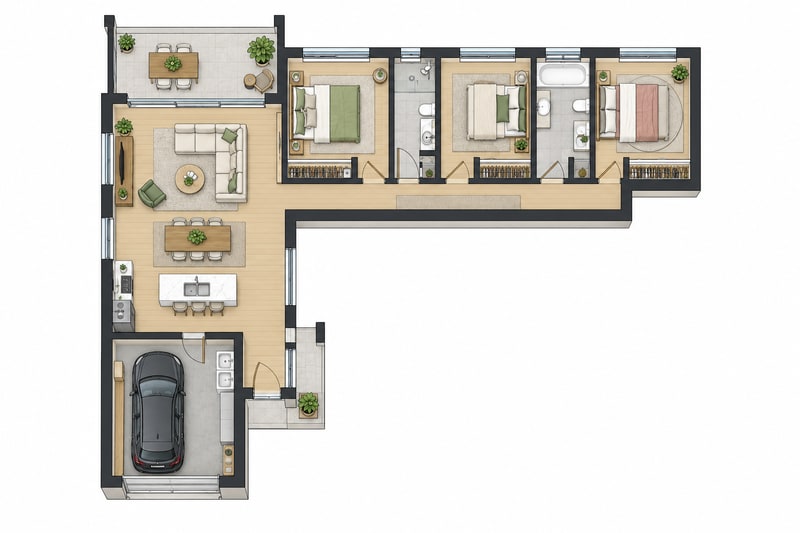 Nhà Hiện Đại Không Gian Mở — 2D Màu — Bản Dựng